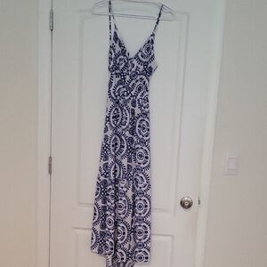 Elegant Blue and White Patterned Maxi Dress
